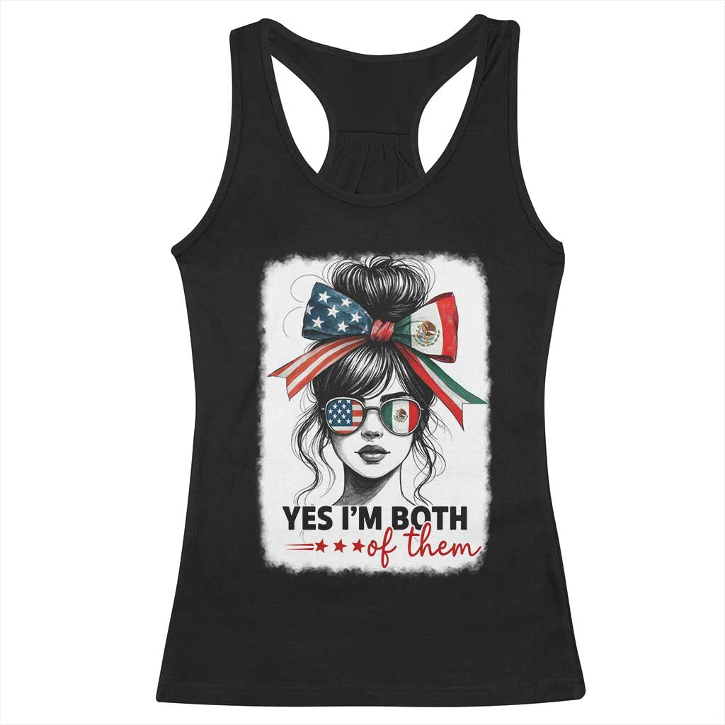 American Mexican Roots Racerback Tank Top Messy Bun Mexico America Half American Flag - Wonder Print Shop