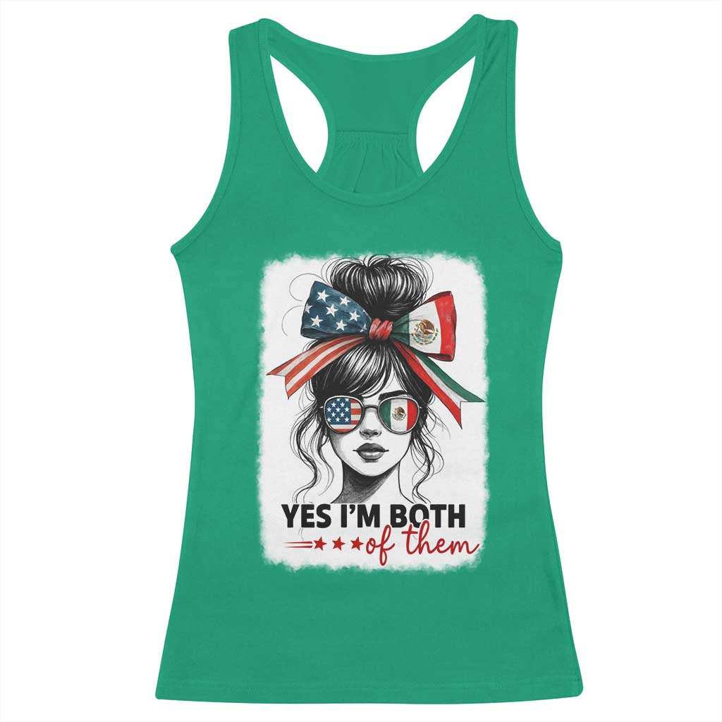 American Mexican Roots Racerback Tank Top Messy Bun Mexico America Half American Flag - Wonder Print Shop