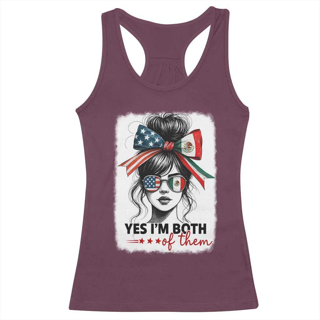 American Mexican Roots Racerback Tank Top Messy Bun Mexico America Half American Flag - Wonder Print Shop