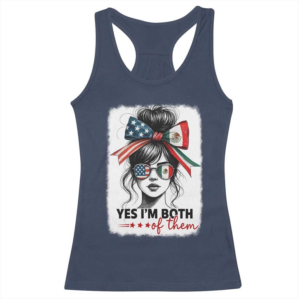 American Mexican Roots Racerback Tank Top Messy Bun Mexico America Half American Flag - Wonder Print Shop