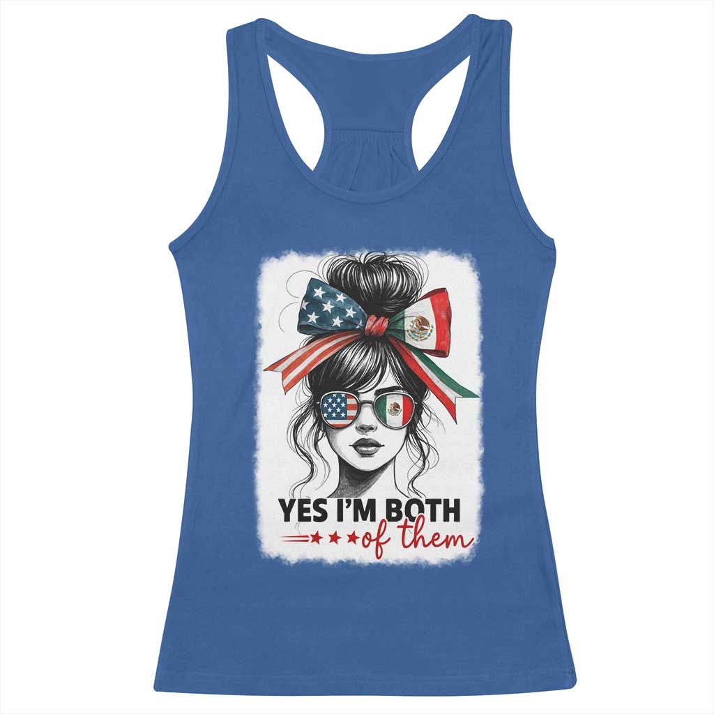 American Mexican Roots Racerback Tank Top Messy Bun Mexico America Half American Flag - Wonder Print Shop