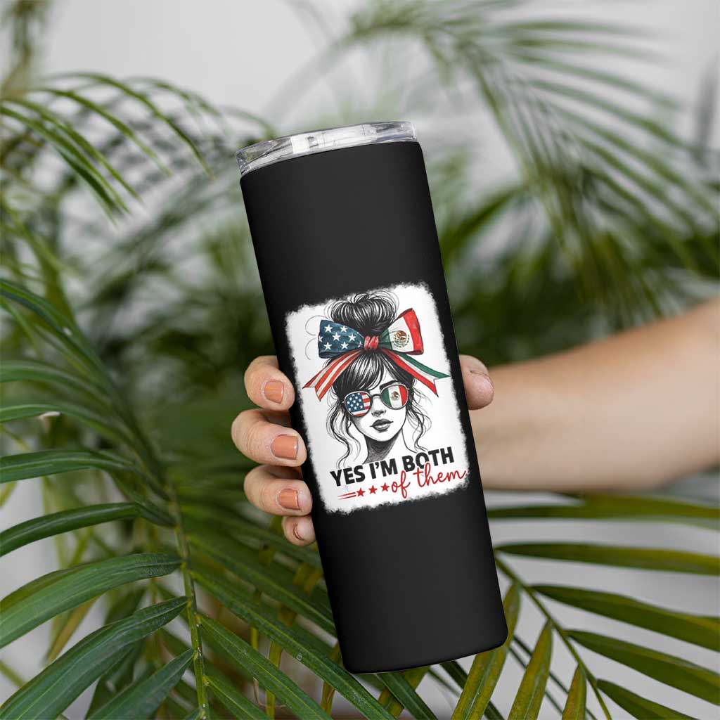 American Mexican Roots Skinny Tumbler Messy Bun Mexico America Half American Flag - Wonder Print Shop