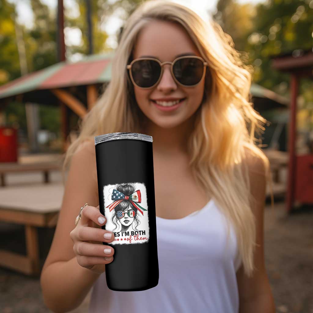 American Mexican Roots Skinny Tumbler Messy Bun Mexico America Half American Flag - Wonder Print Shop