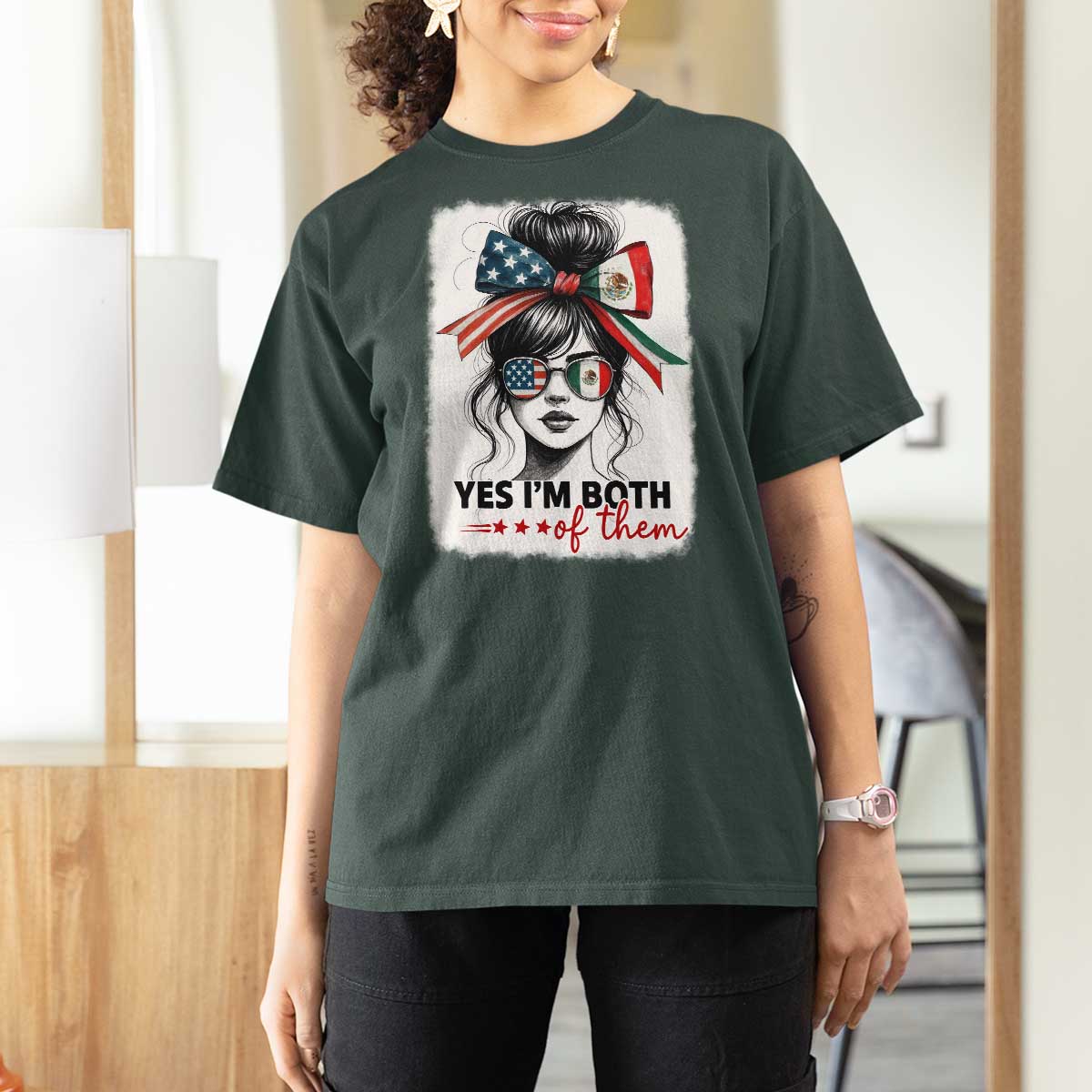 American Mexican Roots T Shirt For Women Messy Bun Mexico America Half American Flag - Wonder Print Shop