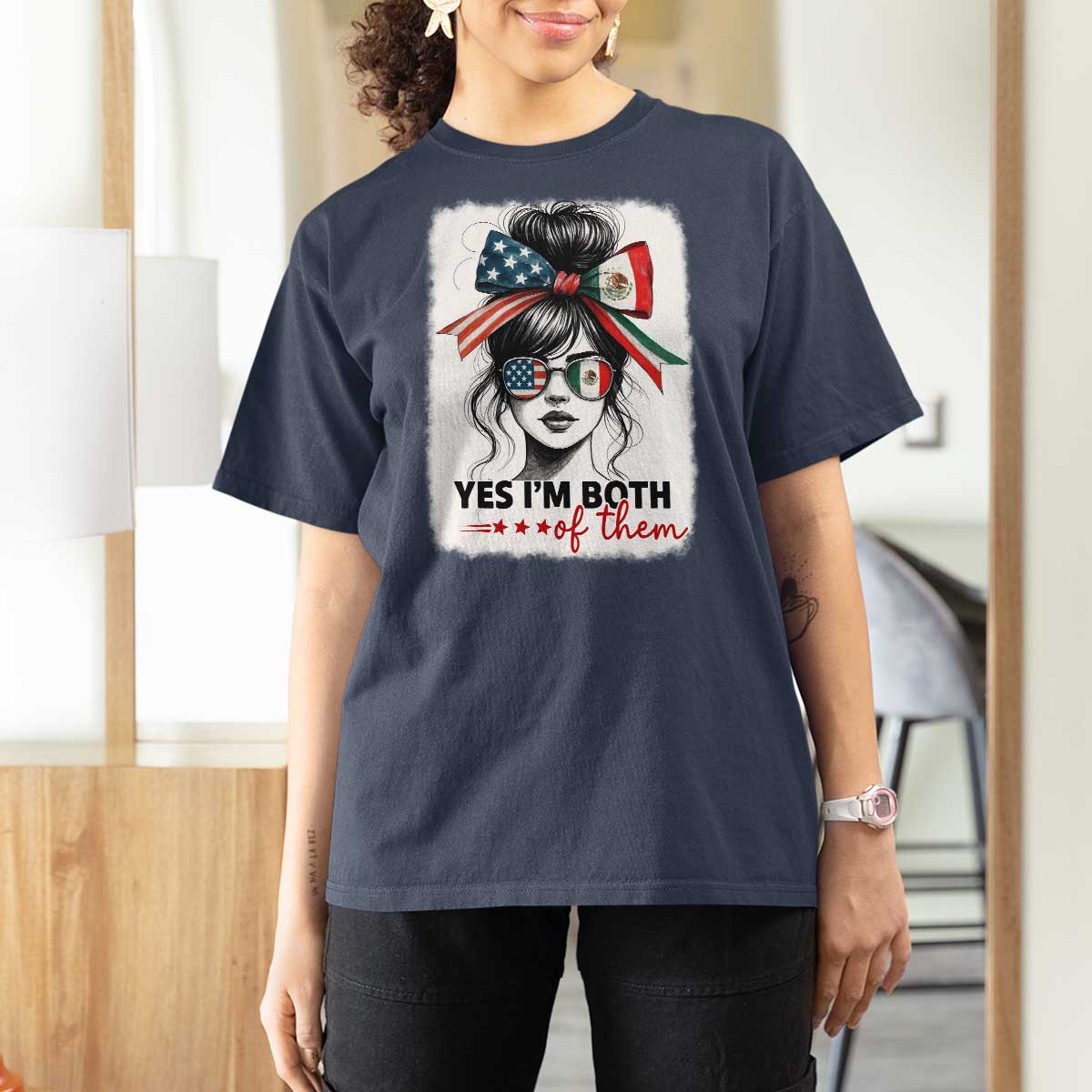 American Mexican Roots T Shirt For Women Messy Bun Mexico America Half American Flag - Wonder Print Shop