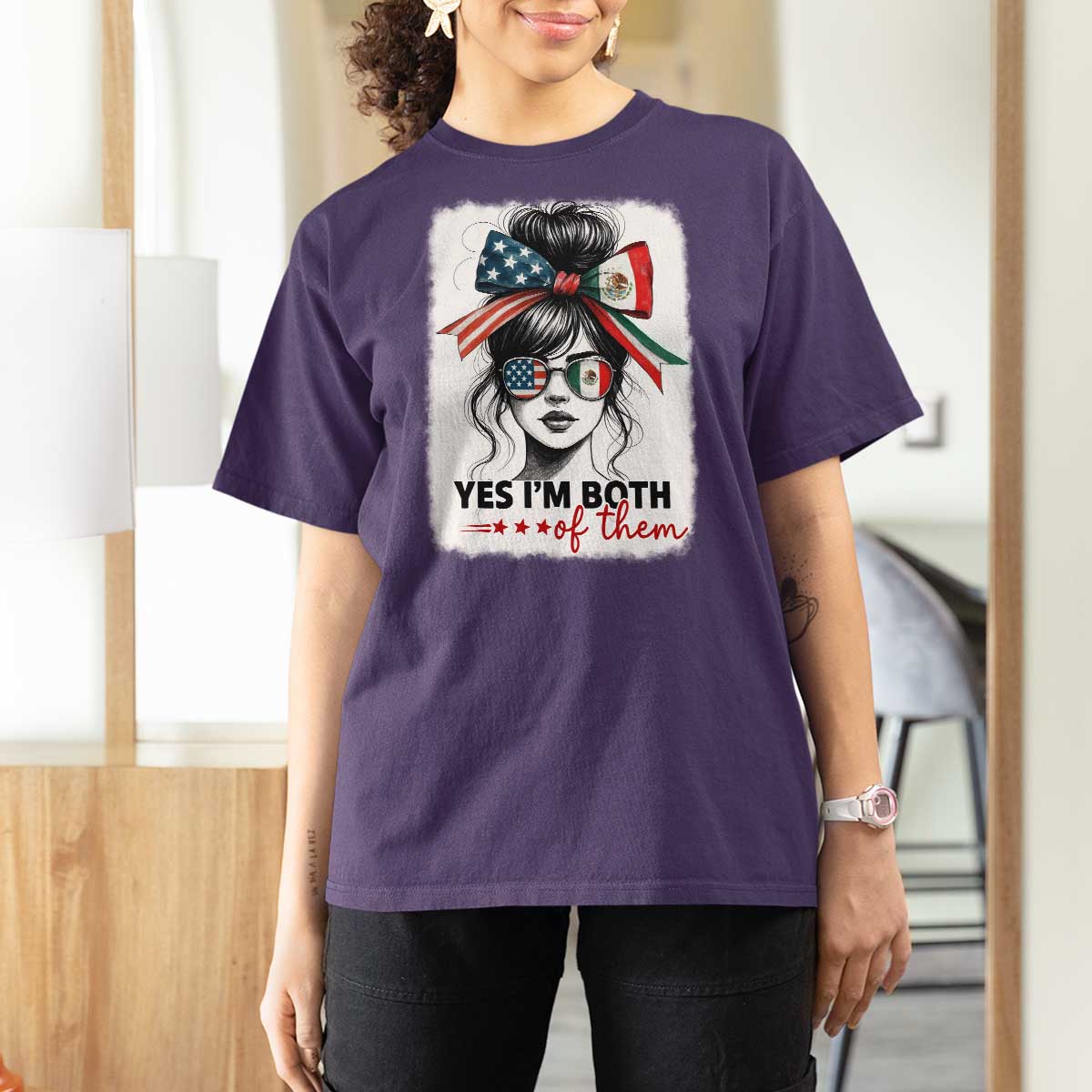 American Mexican Roots T Shirt For Women Messy Bun Mexico America Half American Flag - Wonder Print Shop