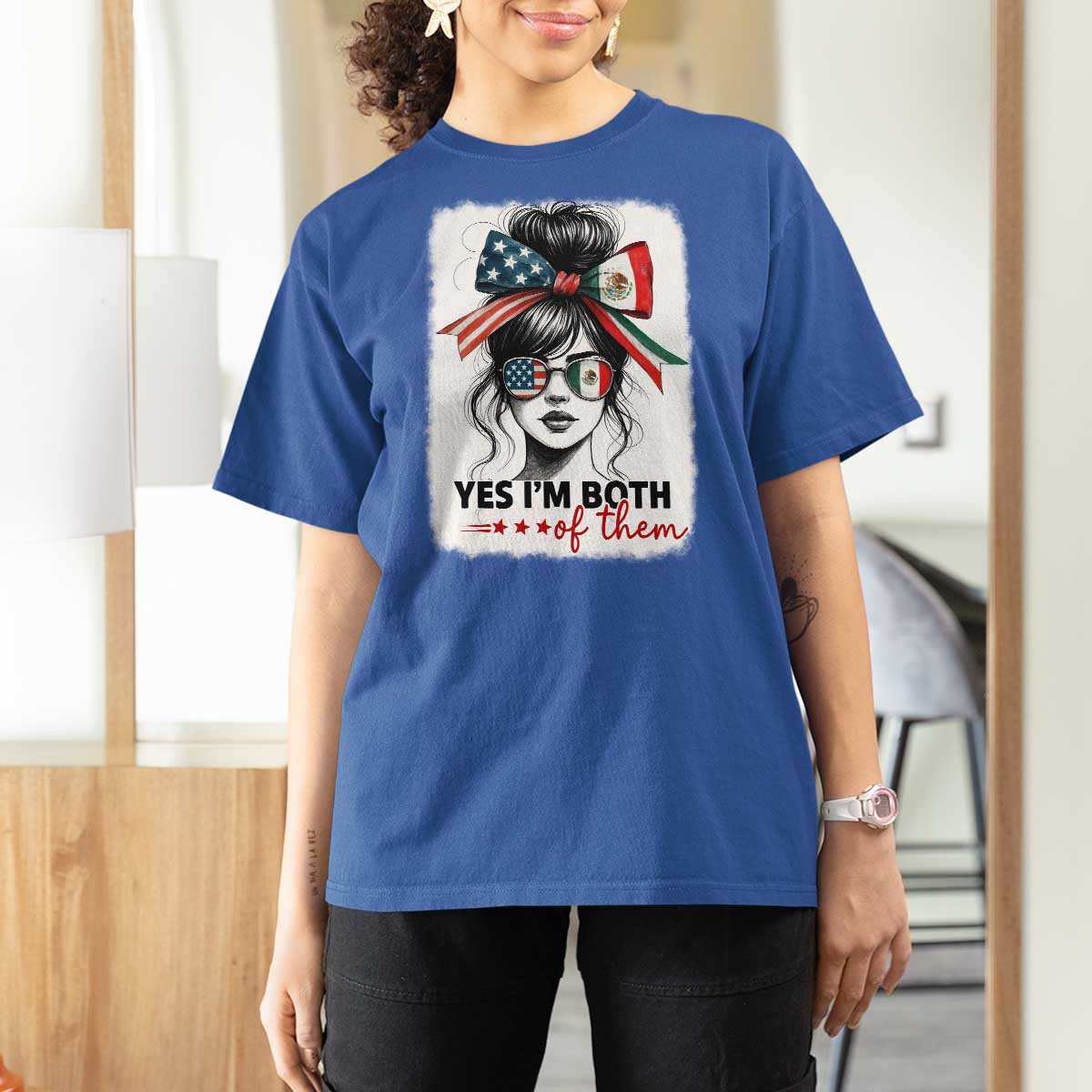 American Mexican Roots T Shirt For Women Messy Bun Mexico America Half American Flag - Wonder Print Shop