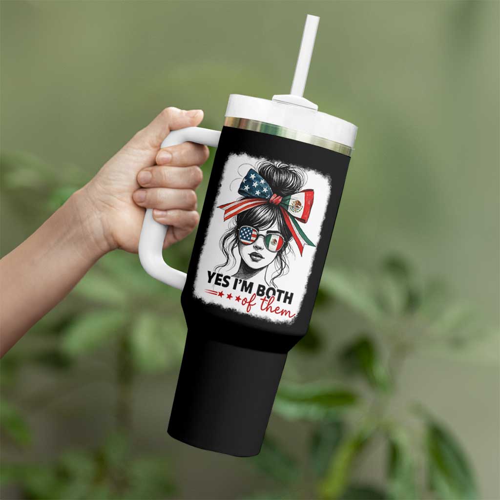 American Mexican Roots Tumbler With Handle Messy Bun Mexico America Half American Flag - Wonder Print Shop