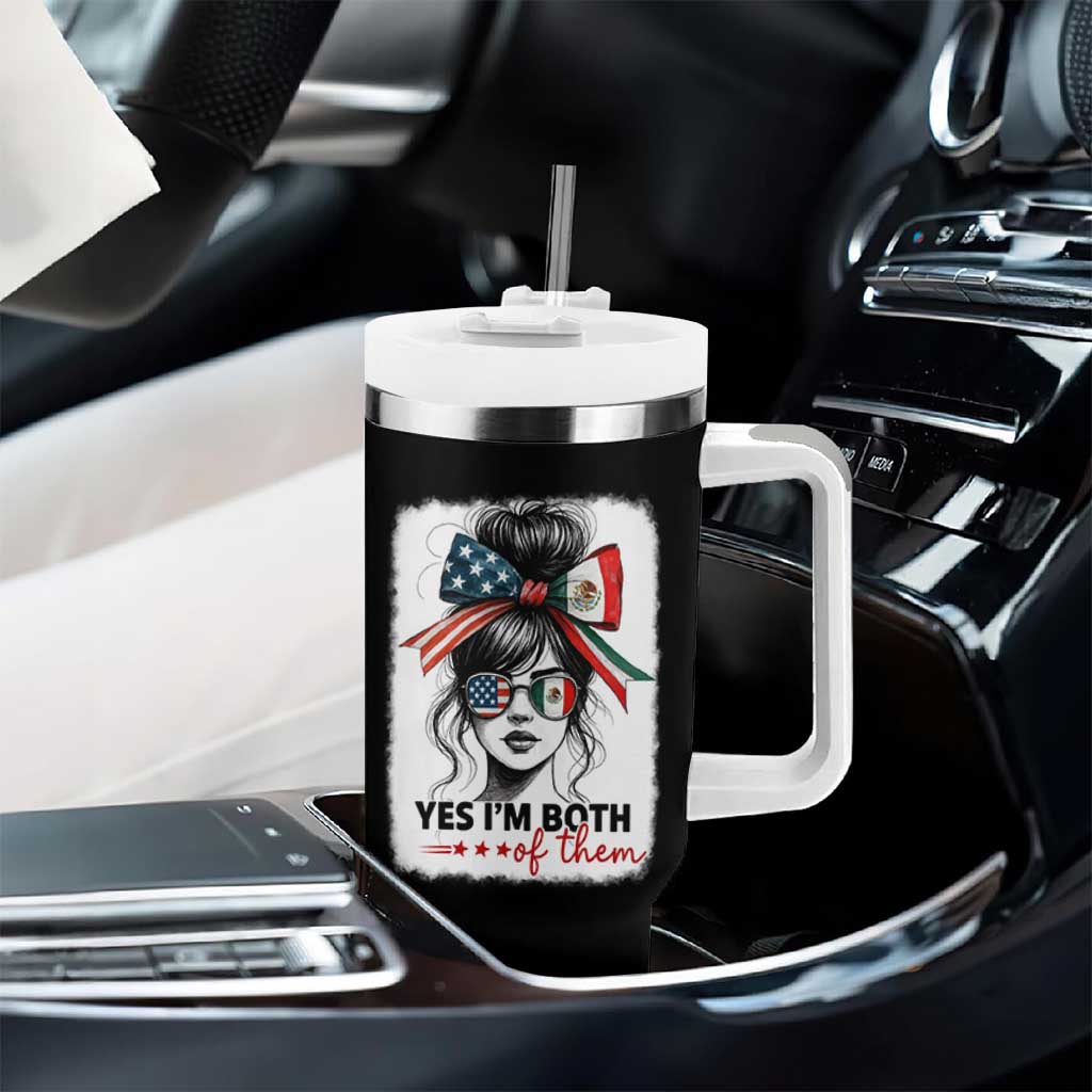 American Mexican Roots Tumbler With Handle Messy Bun Mexico America Half American Flag - Wonder Print Shop