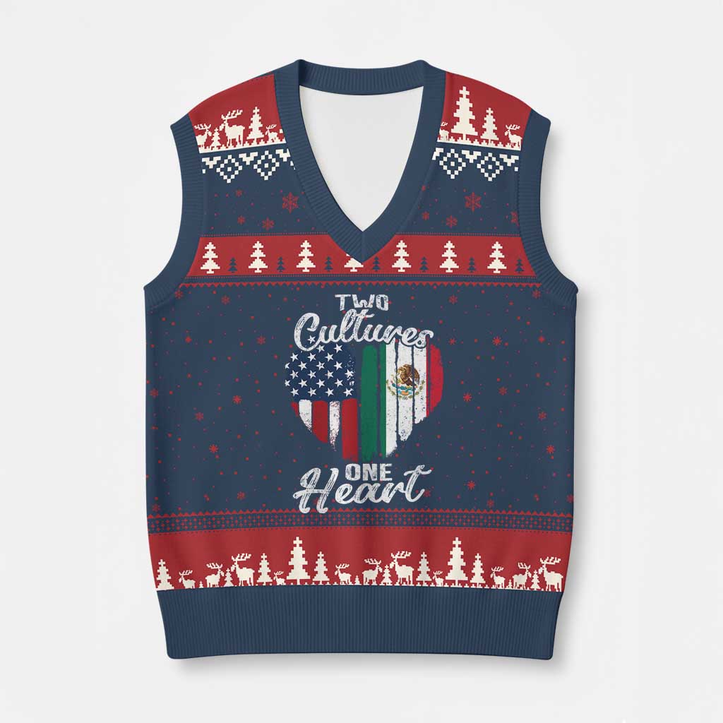 Mexican Roots V-Neck Knit Sweater Vest Mexican American Flag Two Cultures One Heart - Wonder Print Shop