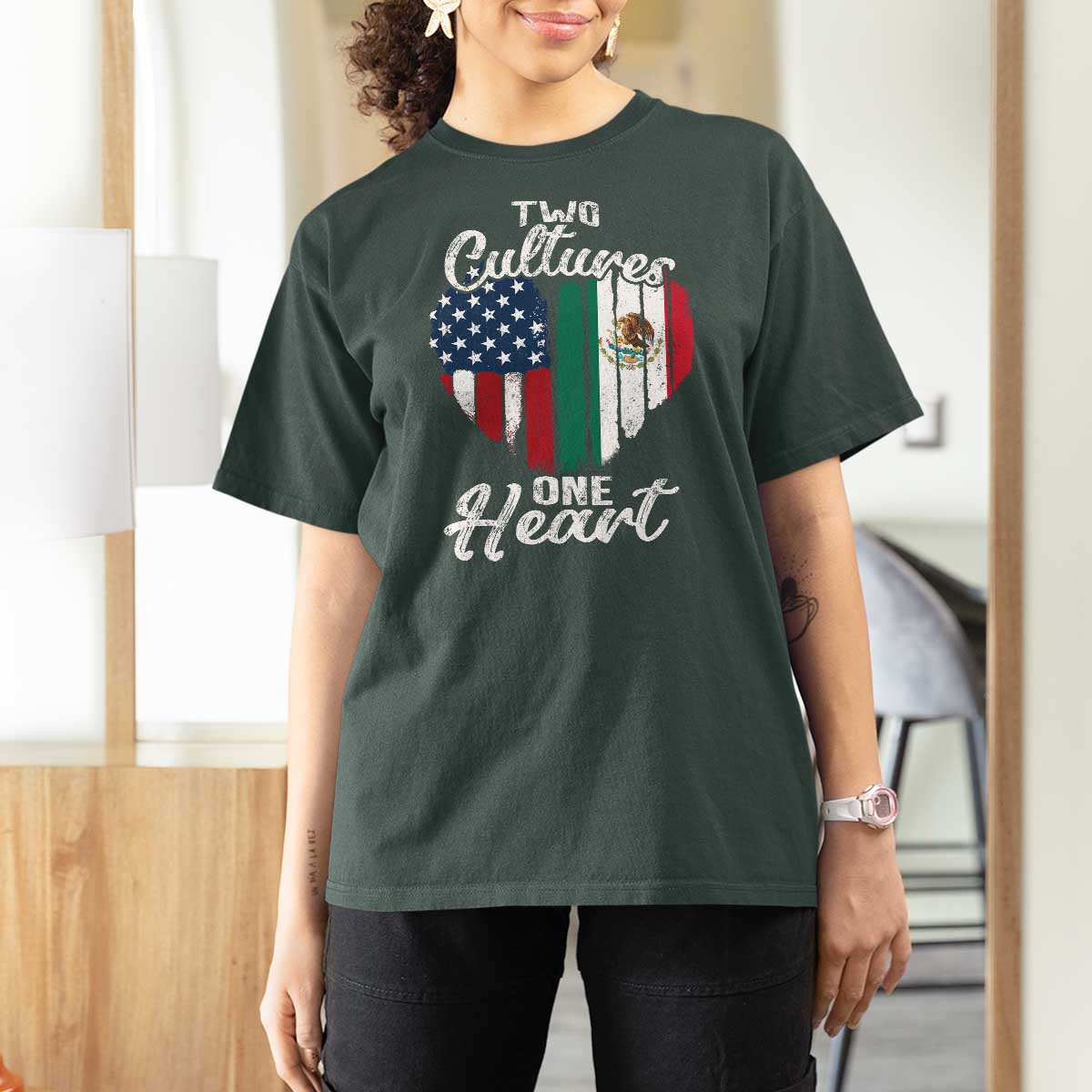 Mexican Roots T Shirt For Women Mexican American Flag Two Cultures One Heart - Wonder Print Shop