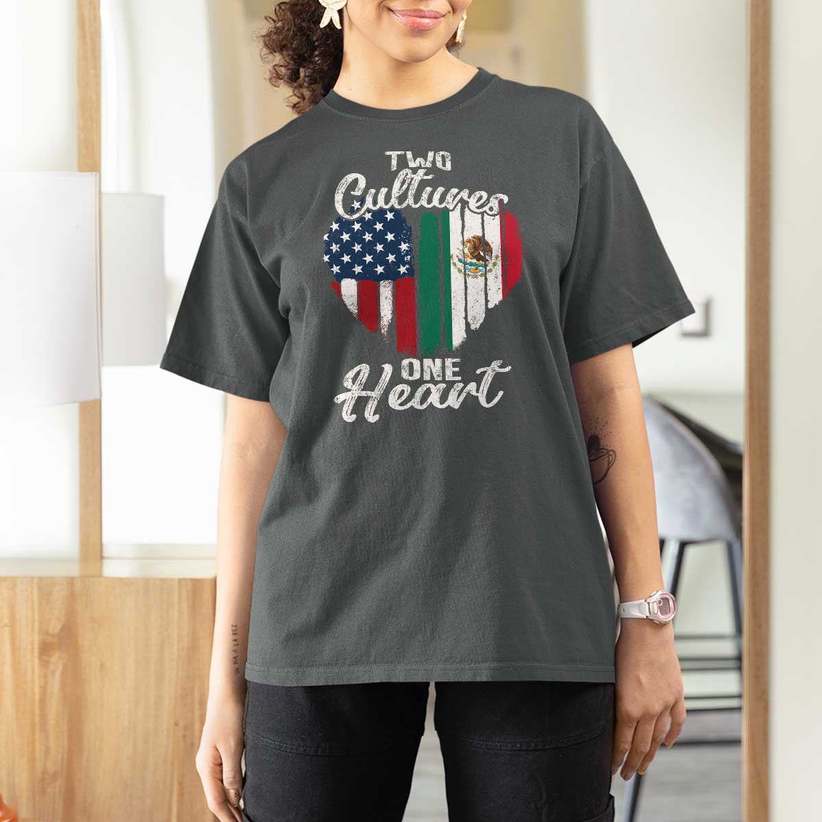 Mexican Roots T Shirt For Women Mexican American Flag Two Cultures One Heart - Wonder Print Shop