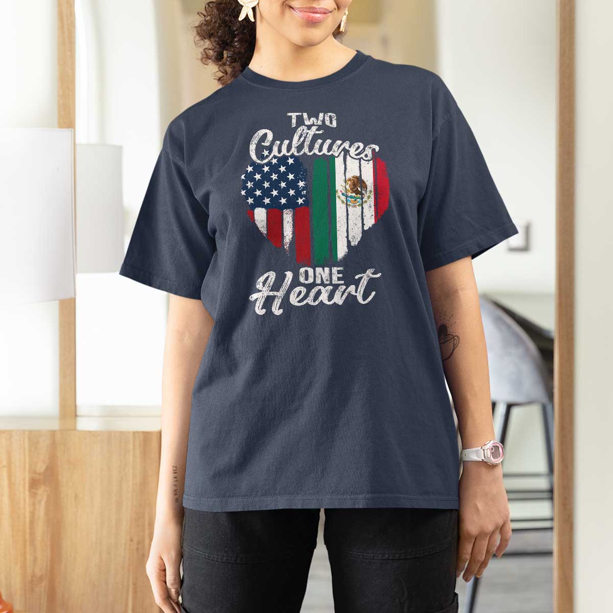 Mexican Roots T Shirt For Women Mexican American Flag Two Cultures One Heart - Wonder Print Shop