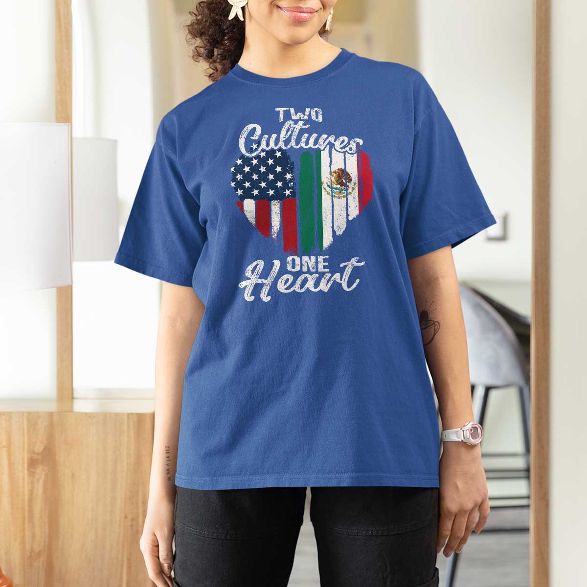 Mexican Roots T Shirt For Women Mexican American Flag Two Cultures One Heart - Wonder Print Shop