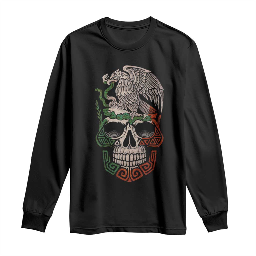 Mexico Coat of Arms Skull Long Sleeve Shirt Eagle Mexican Flag Mexico Heritage Roots - Wonder Print Shop