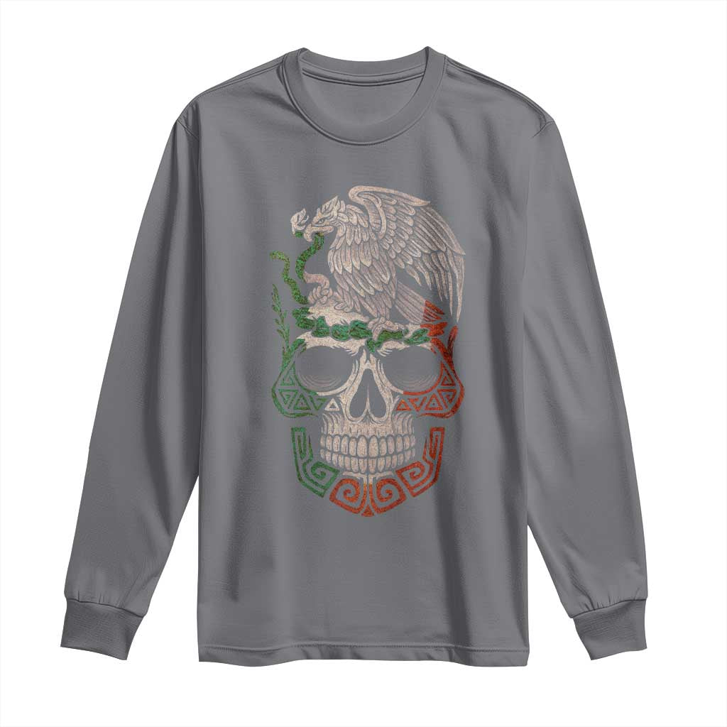 Mexico Coat of Arms Skull Long Sleeve Shirt Eagle Mexican Flag Mexico Heritage Roots - Wonder Print Shop