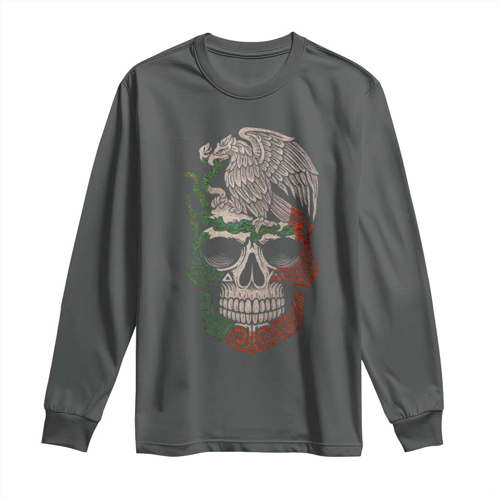 Mexico Coat of Arms Skull Long Sleeve Shirt Eagle Mexican Flag Mexico Heritage Roots - Wonder Print Shop