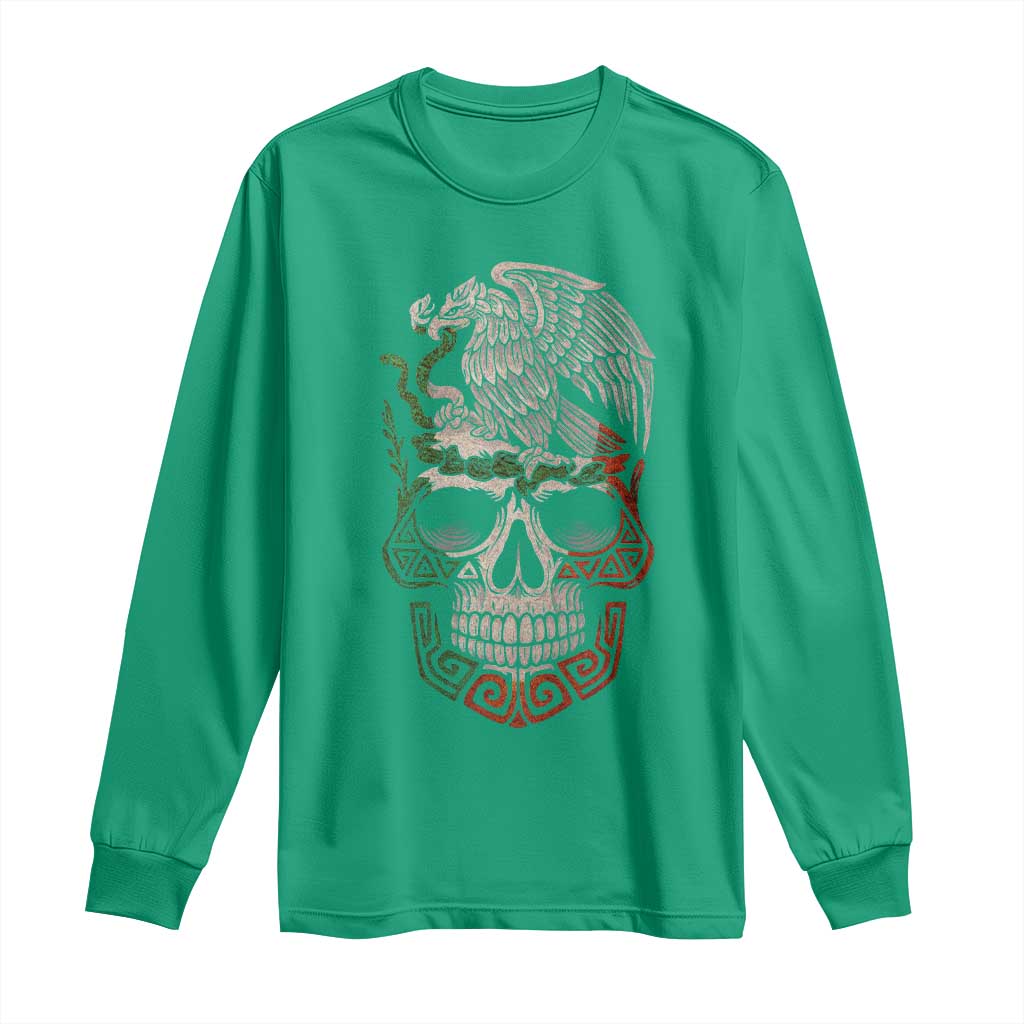 Mexico Coat of Arms Skull Long Sleeve Shirt Eagle Mexican Flag Mexico Heritage Roots - Wonder Print Shop