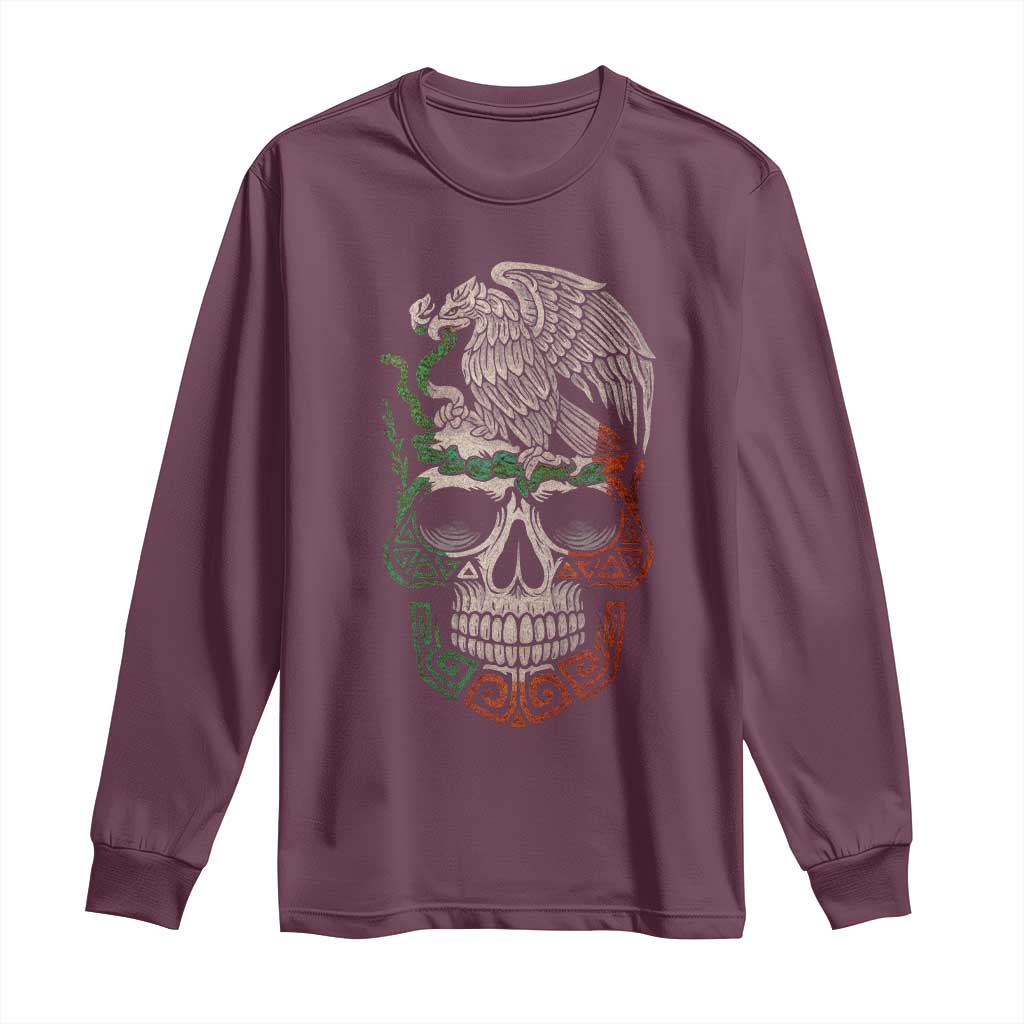 Mexico Coat of Arms Skull Long Sleeve Shirt Eagle Mexican Flag Mexico Heritage Roots - Wonder Print Shop