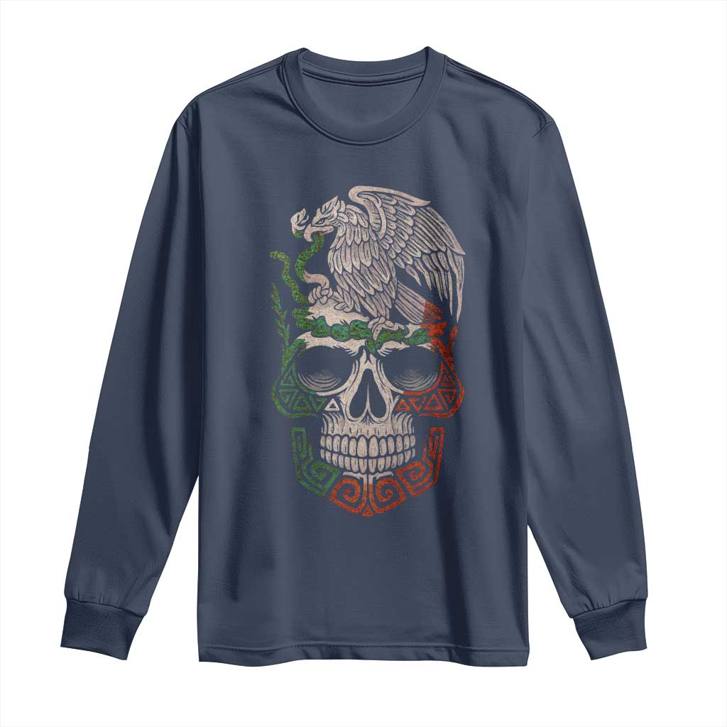 Mexico Coat of Arms Skull Long Sleeve Shirt Eagle Mexican Flag Mexico Heritage Roots - Wonder Print Shop