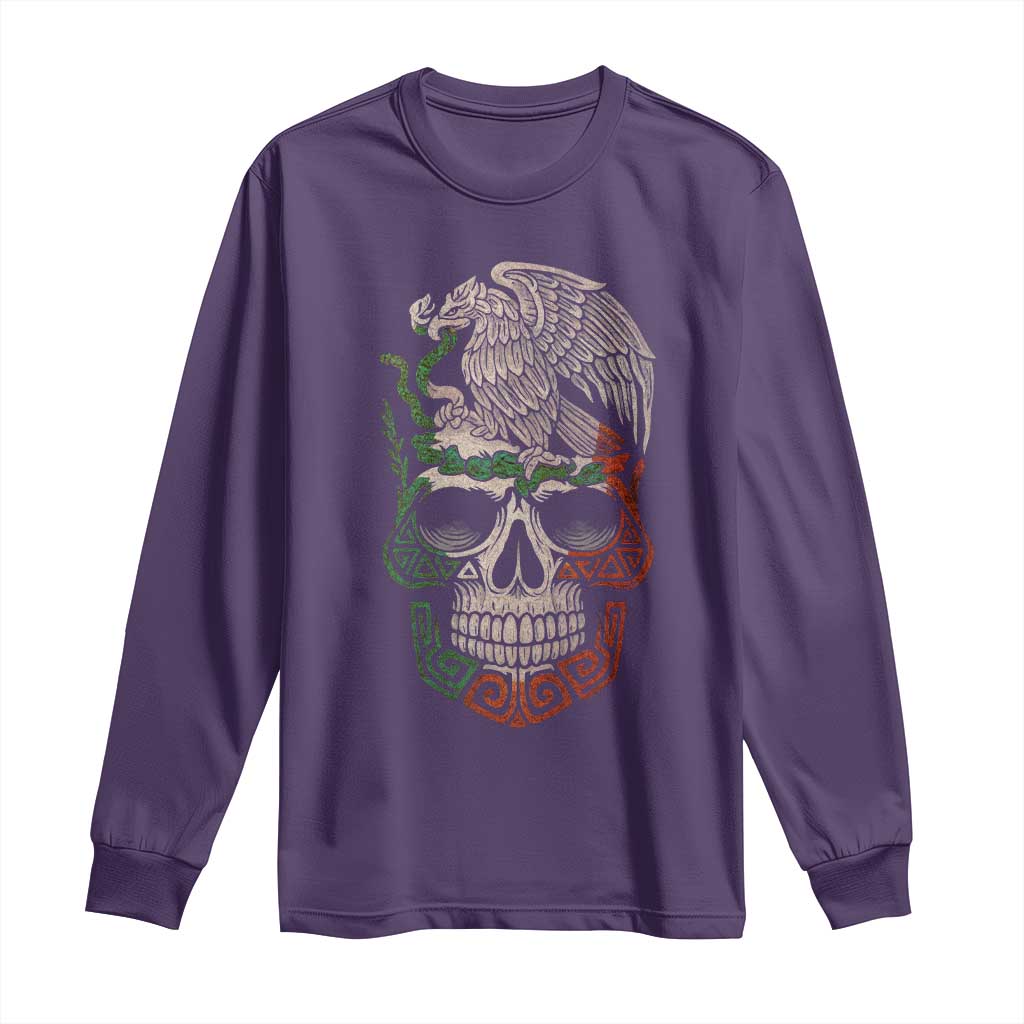 Mexico Coat of Arms Skull Long Sleeve Shirt Eagle Mexican Flag Mexico Heritage Roots - Wonder Print Shop