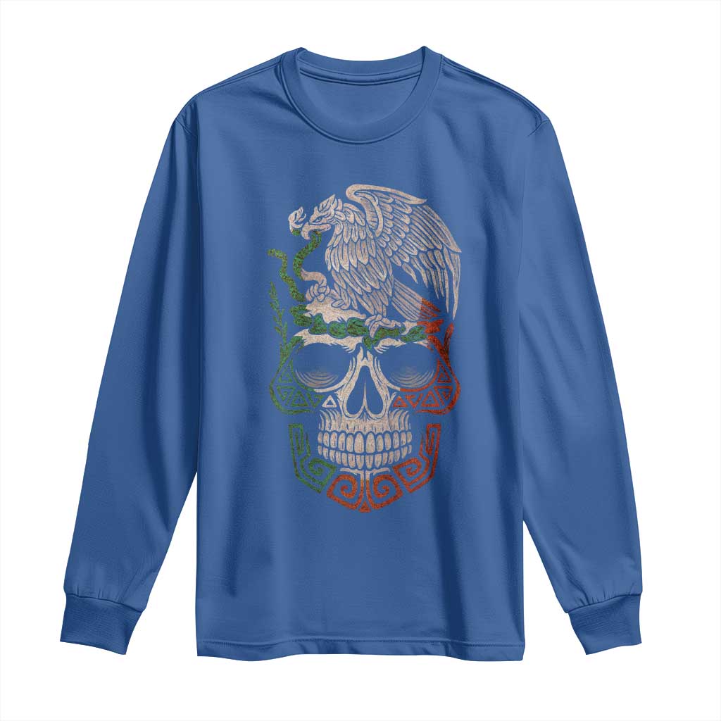 Mexico Coat of Arms Skull Long Sleeve Shirt Eagle Mexican Flag Mexico Heritage Roots - Wonder Print Shop