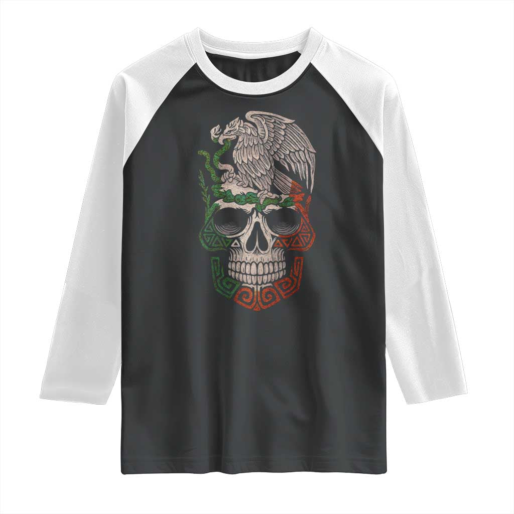 Mexico Coat of Arms Skull Raglan Shirt Eagle Mexican Flag Mexico Heritage Roots - Wonder Print Shop