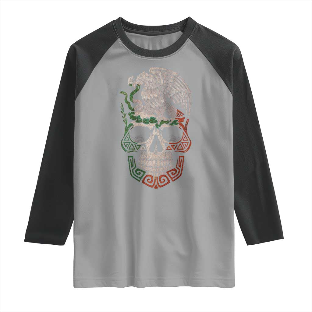Mexico Coat of Arms Skull Raglan Shirt Eagle Mexican Flag Mexico Heritage Roots - Wonder Print Shop