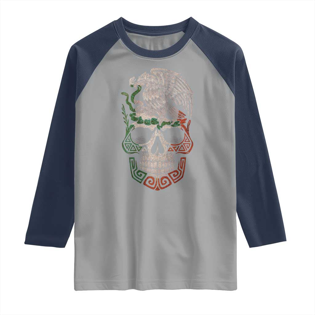 Mexico Coat of Arms Skull Raglan Shirt Eagle Mexican Flag Mexico Heritage Roots - Wonder Print Shop