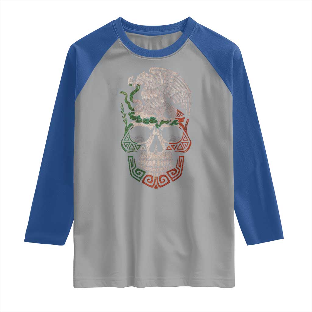 Mexico Coat of Arms Skull Raglan Shirt Eagle Mexican Flag Mexico Heritage Roots - Wonder Print Shop