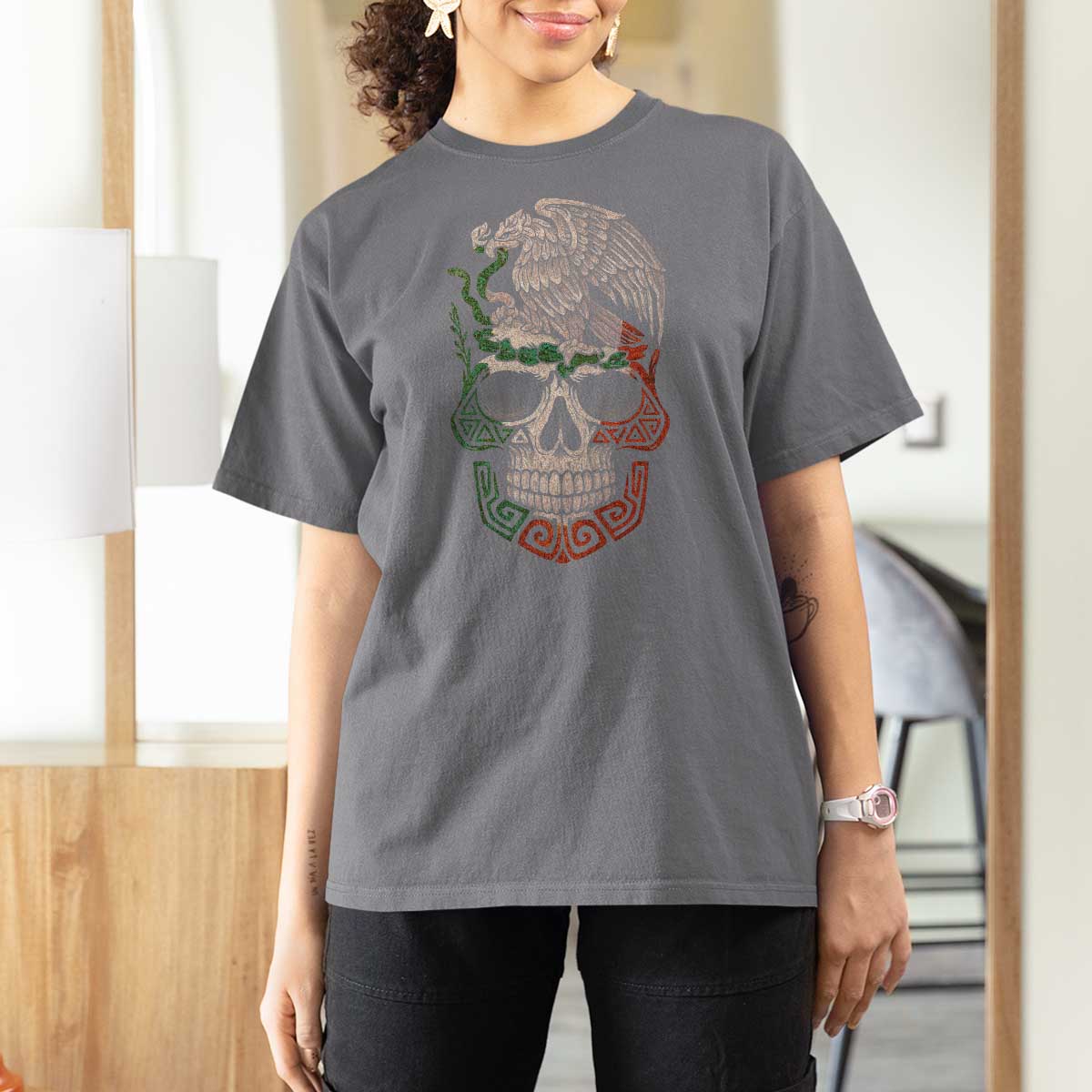 Mexico Coat of Arms Skull T Shirt For Women Eagle Mexican Flag Mexico Heritage Roots - Wonder Print Shop