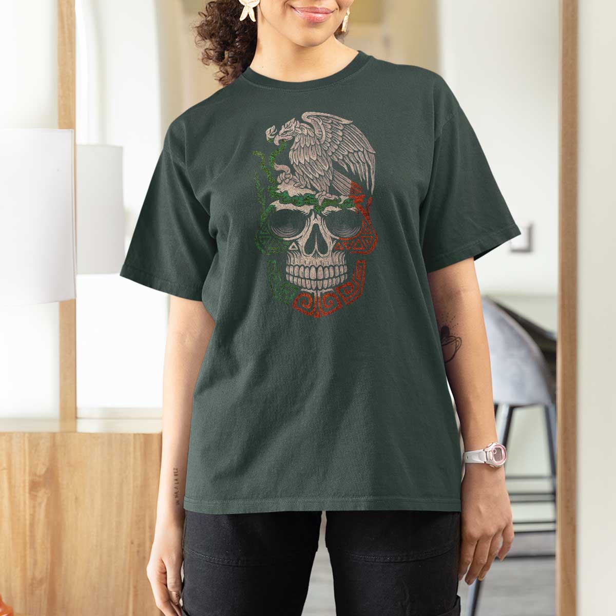 Mexico Coat of Arms Skull T Shirt For Women Eagle Mexican Flag Mexico Heritage Roots - Wonder Print Shop