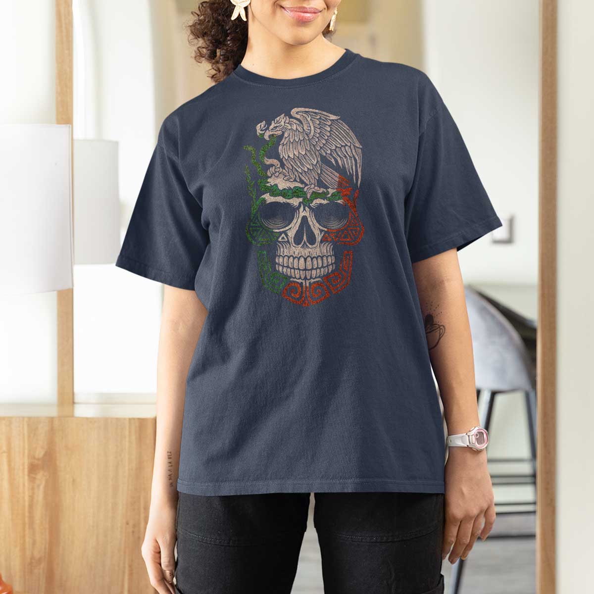 Mexico Coat of Arms Skull T Shirt For Women Eagle Mexican Flag Mexico Heritage Roots - Wonder Print Shop