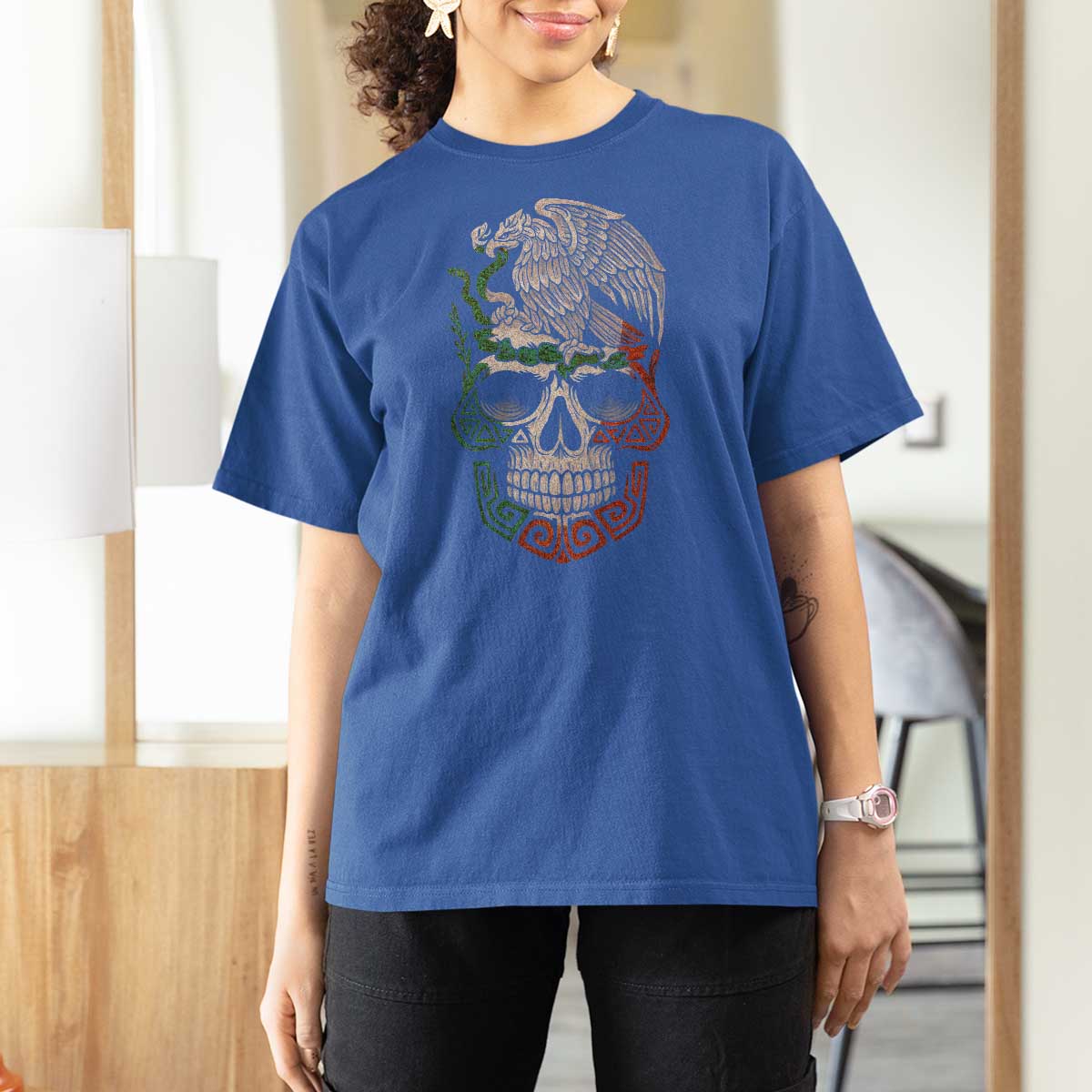 Mexico Coat of Arms Skull T Shirt For Women Eagle Mexican Flag Mexico Heritage Roots - Wonder Print Shop