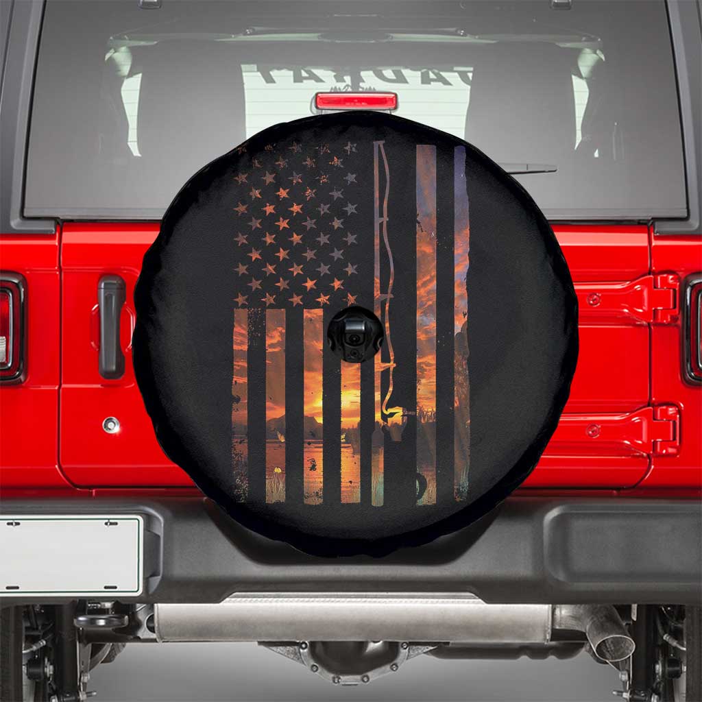 American Flag Fishing Spare Tire Cover Fish Fisher Fisherman Fishing Rod Sunset - Wonder Print Shop