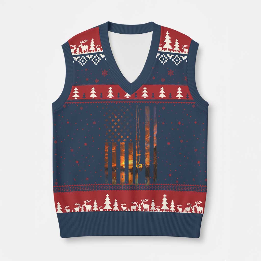 American Flag Fishing V-Neck Knit Sweater Vest Fish Fisher Fisherman Fishing Rod Sunset - Wonder Print Shop