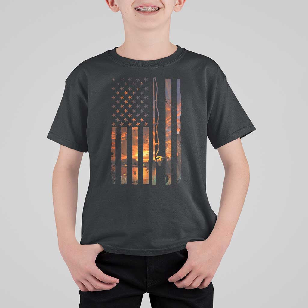 American Flag Fishing T Shirt For Kid Fish Fisher Fisherman Fishing Rod Sunset - Wonder Print Shop