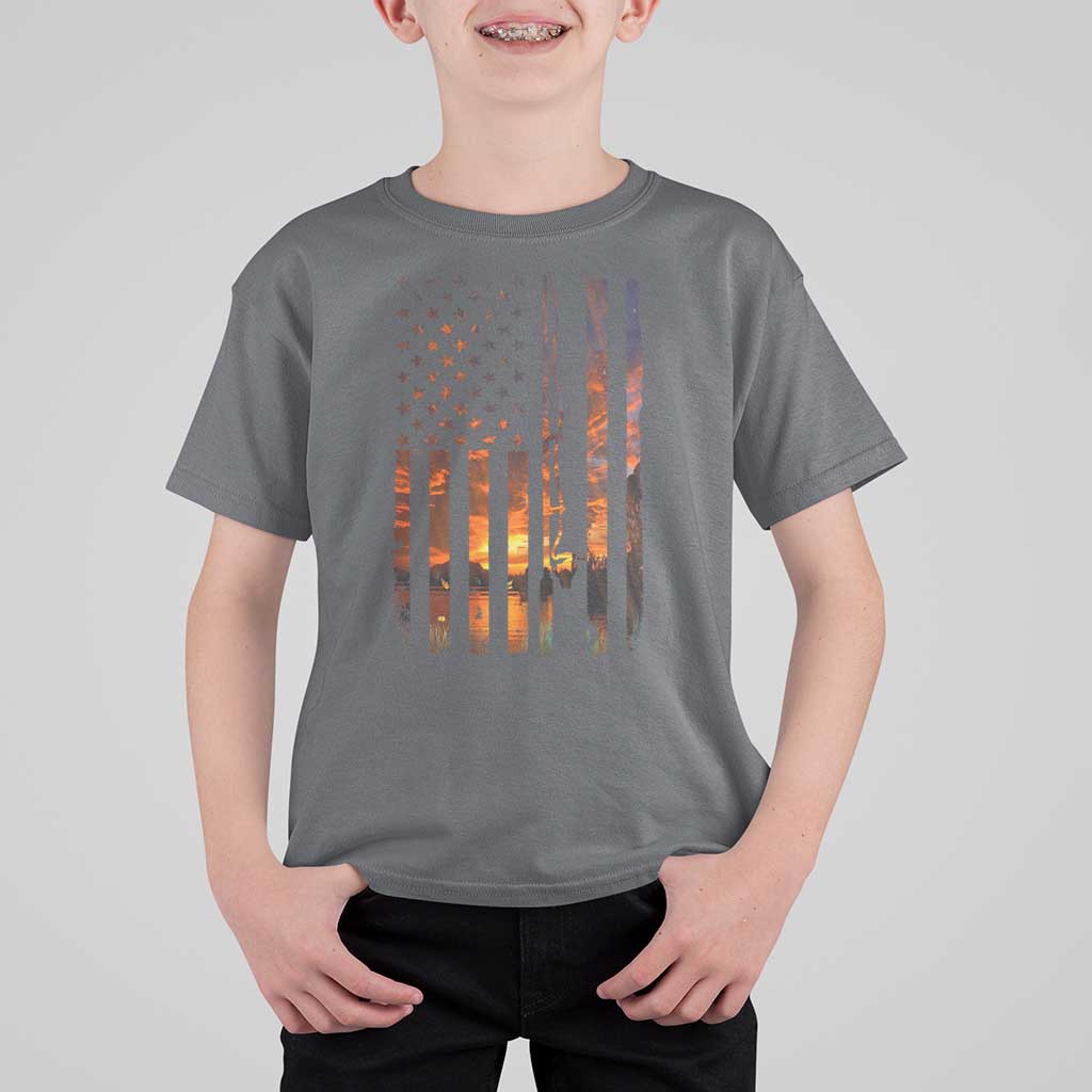 American Flag Fishing T Shirt For Kid Fish Fisher Fisherman Fishing Rod Sunset - Wonder Print Shop