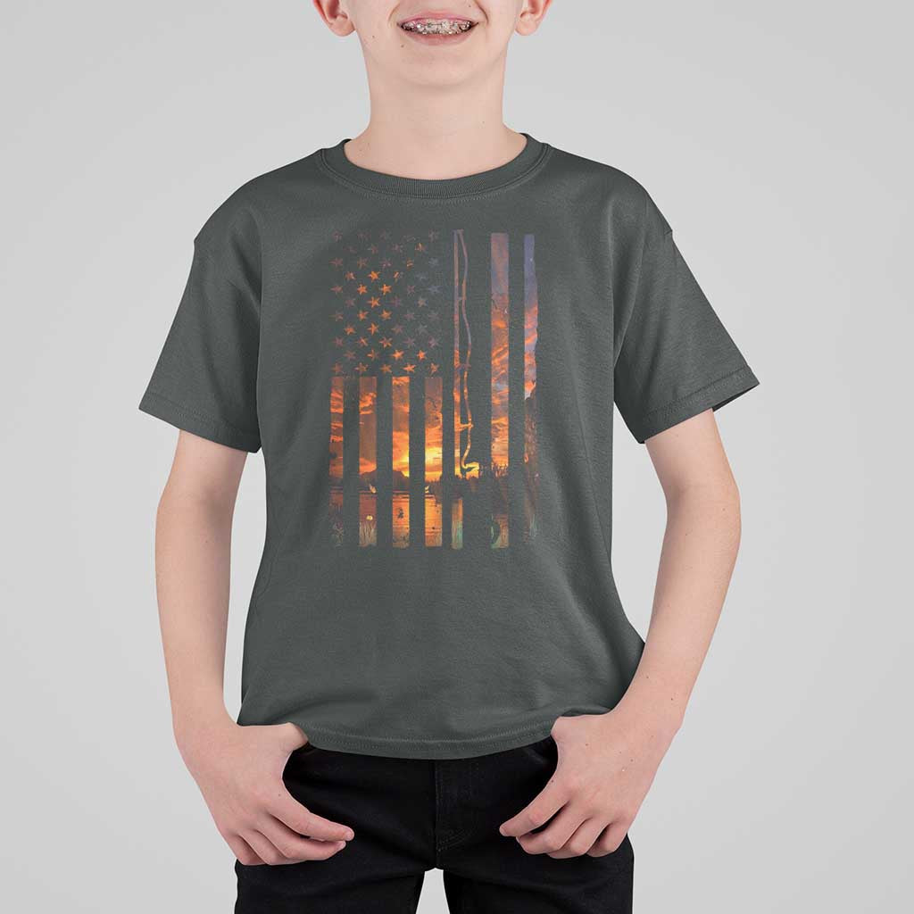 American Flag Fishing T Shirt For Kid Fish Fisher Fisherman Fishing Rod Sunset - Wonder Print Shop