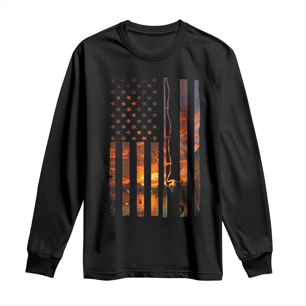American Flag Fishing Long Sleeve Shirt Fish Fisher Fisherman Fishing Rod Sunset - Wonder Print Shop