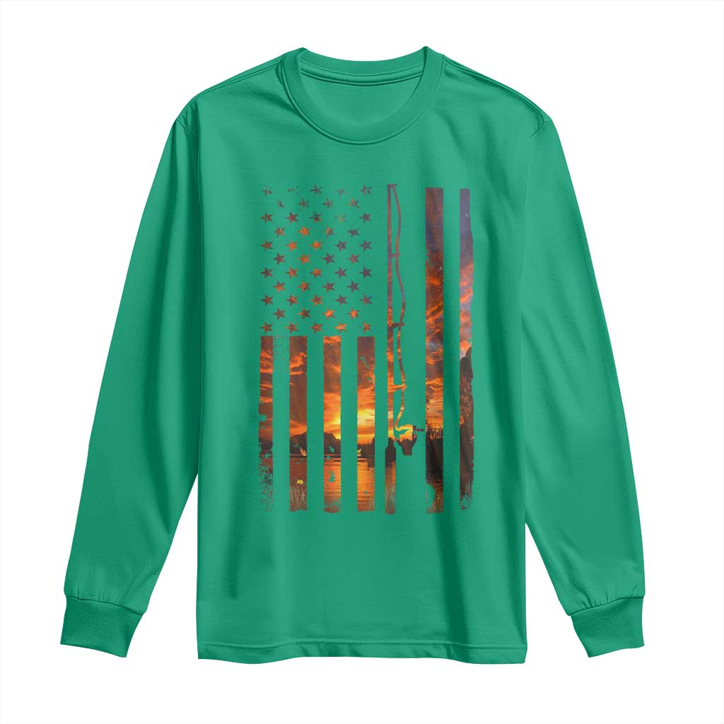 American Flag Fishing Long Sleeve Shirt Fish Fisher Fisherman Fishing Rod Sunset - Wonder Print Shop