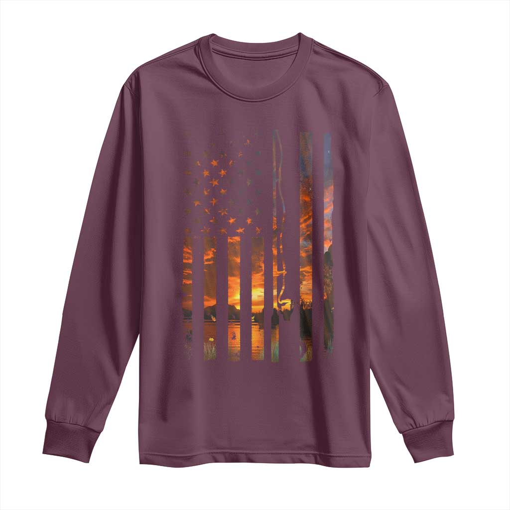 American Flag Fishing Long Sleeve Shirt Fish Fisher Fisherman Fishing Rod Sunset - Wonder Print Shop