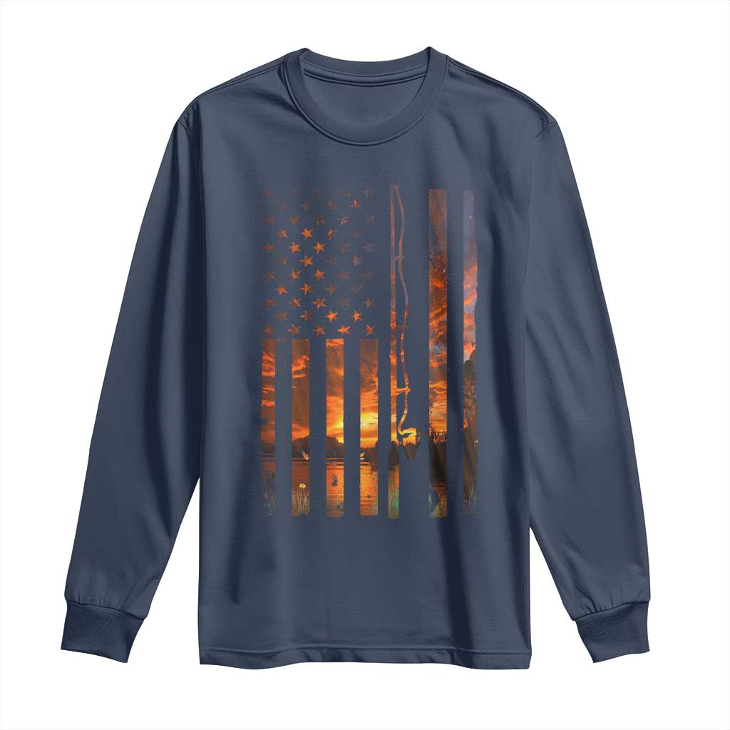 American Flag Fishing Long Sleeve Shirt Fish Fisher Fisherman Fishing Rod Sunset - Wonder Print Shop