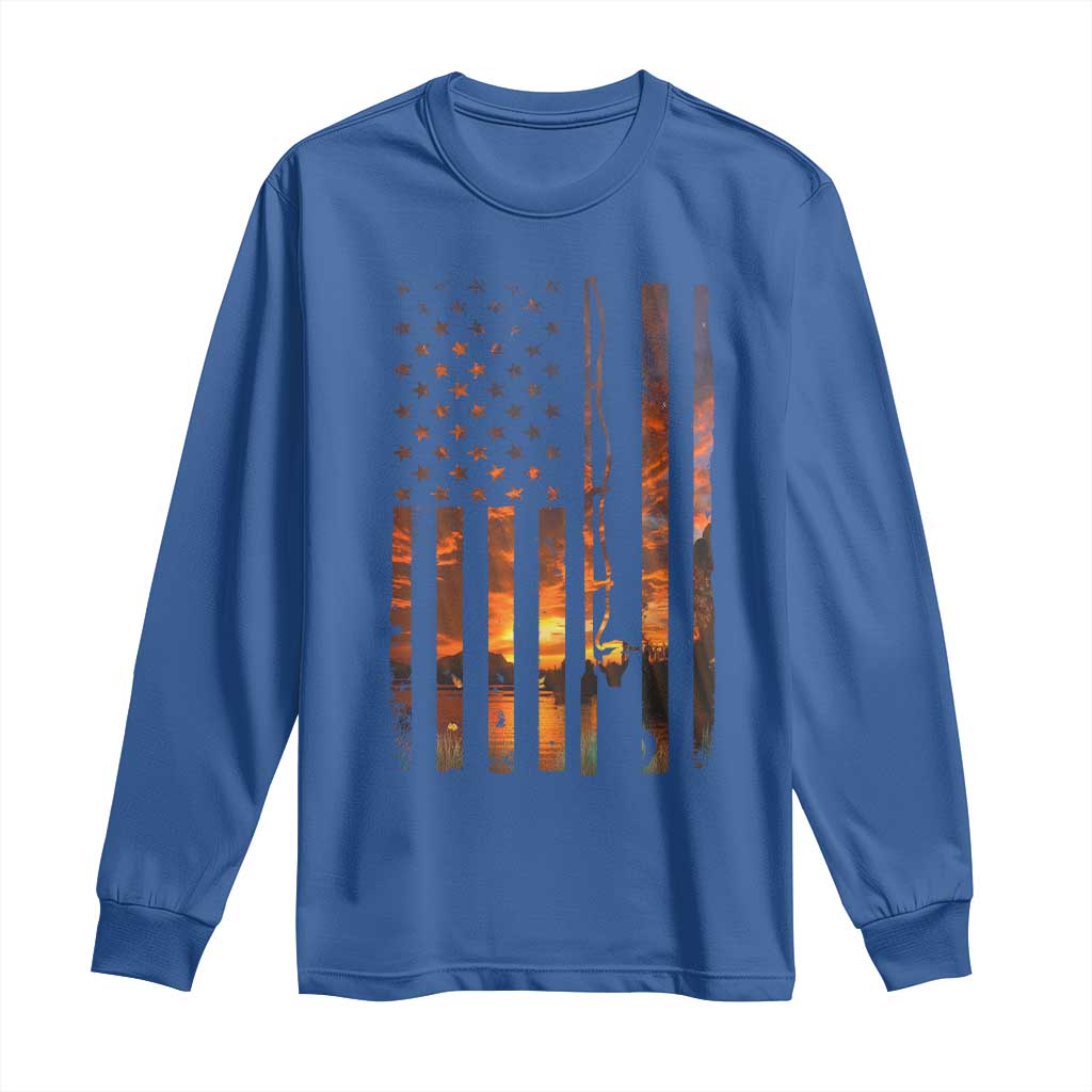 American Flag Fishing Long Sleeve Shirt Fish Fisher Fisherman Fishing Rod Sunset - Wonder Print Shop