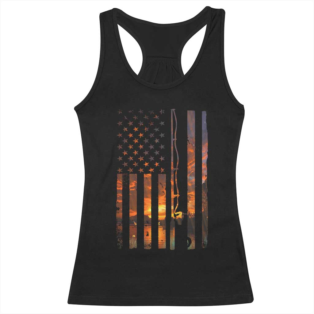 American Flag Fishing Racerback Tank Top Fish Fisher Fisherman Fishing Rod Sunset - Wonder Print Shop