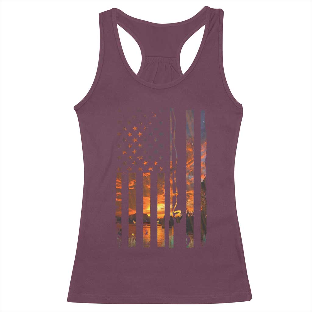 American Flag Fishing Racerback Tank Top Fish Fisher Fisherman Fishing Rod Sunset - Wonder Print Shop