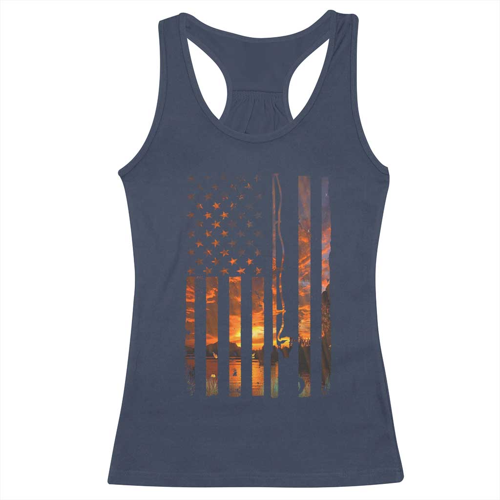 American Flag Fishing Racerback Tank Top Fish Fisher Fisherman Fishing Rod Sunset - Wonder Print Shop