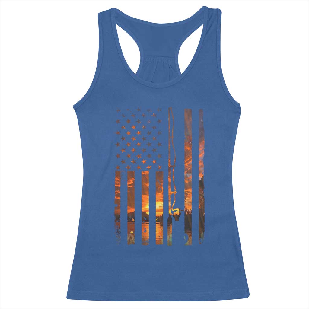 American Flag Fishing Racerback Tank Top Fish Fisher Fisherman Fishing Rod Sunset - Wonder Print Shop