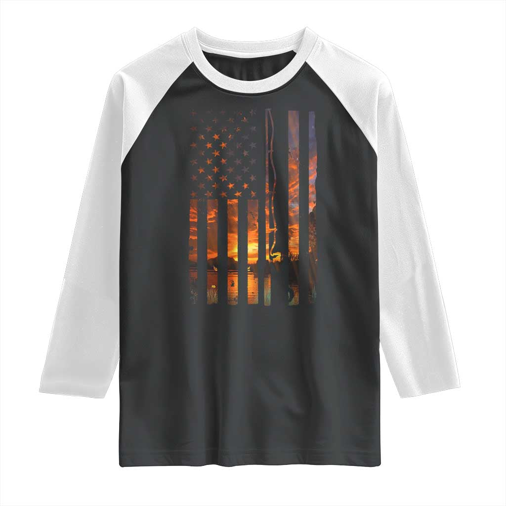 American Flag Fishing Raglan Shirt Fish Fisher Fisherman Fishing Rod Sunset - Wonder Print Shop