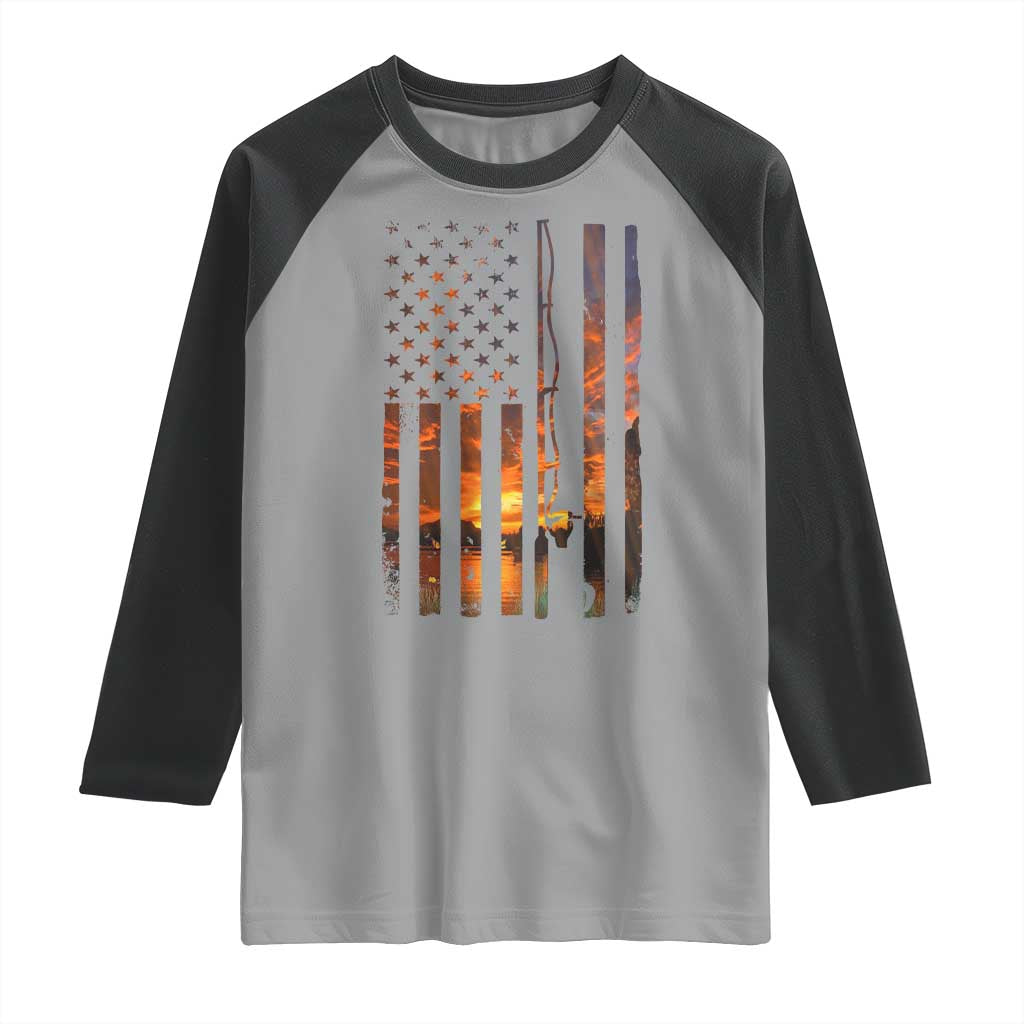 American Flag Fishing Raglan Shirt Fish Fisher Fisherman Fishing Rod Sunset - Wonder Print Shop